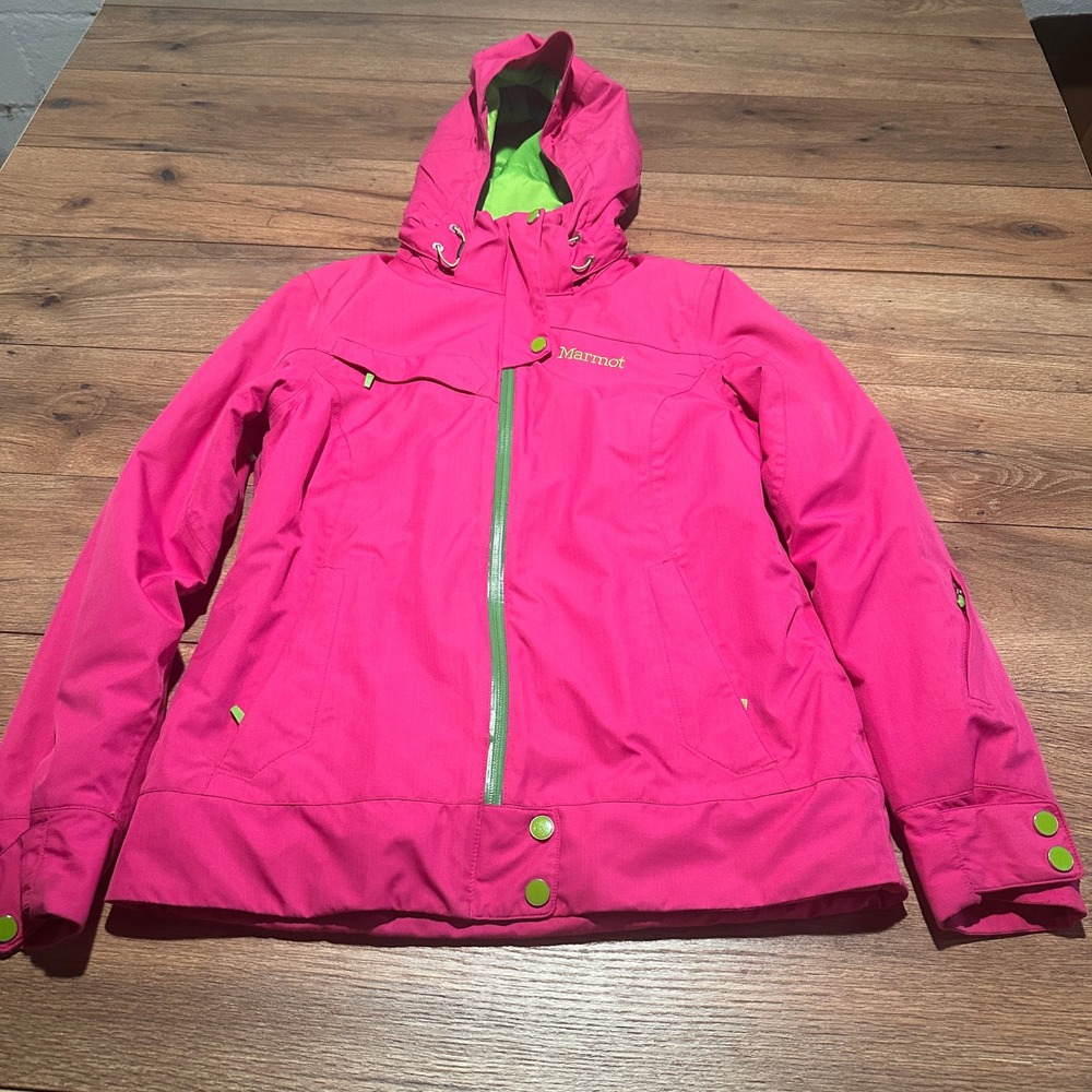 Marmot Pink Green MemBrain Waterproof Hooded Ski Jacket Womens Medium